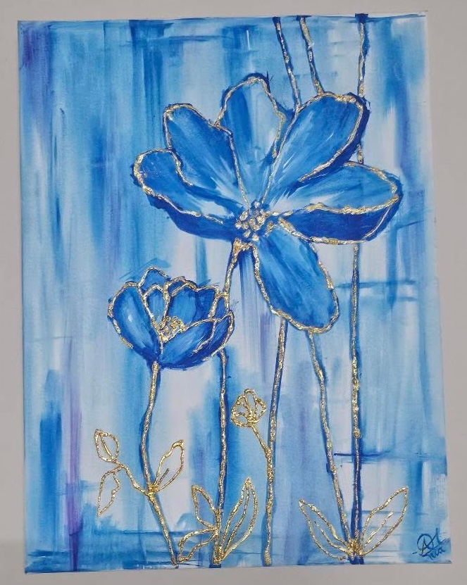 Blue Bloom — blue floral painting with gold-leaf outlines by thepaint.nia